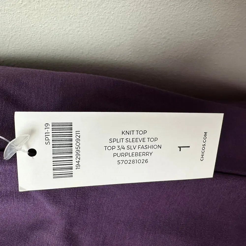 NEW Chico's Knit Blouse Top Split Sleeve 3/4 Sleeve Boatneck Purple Chico 1 US M